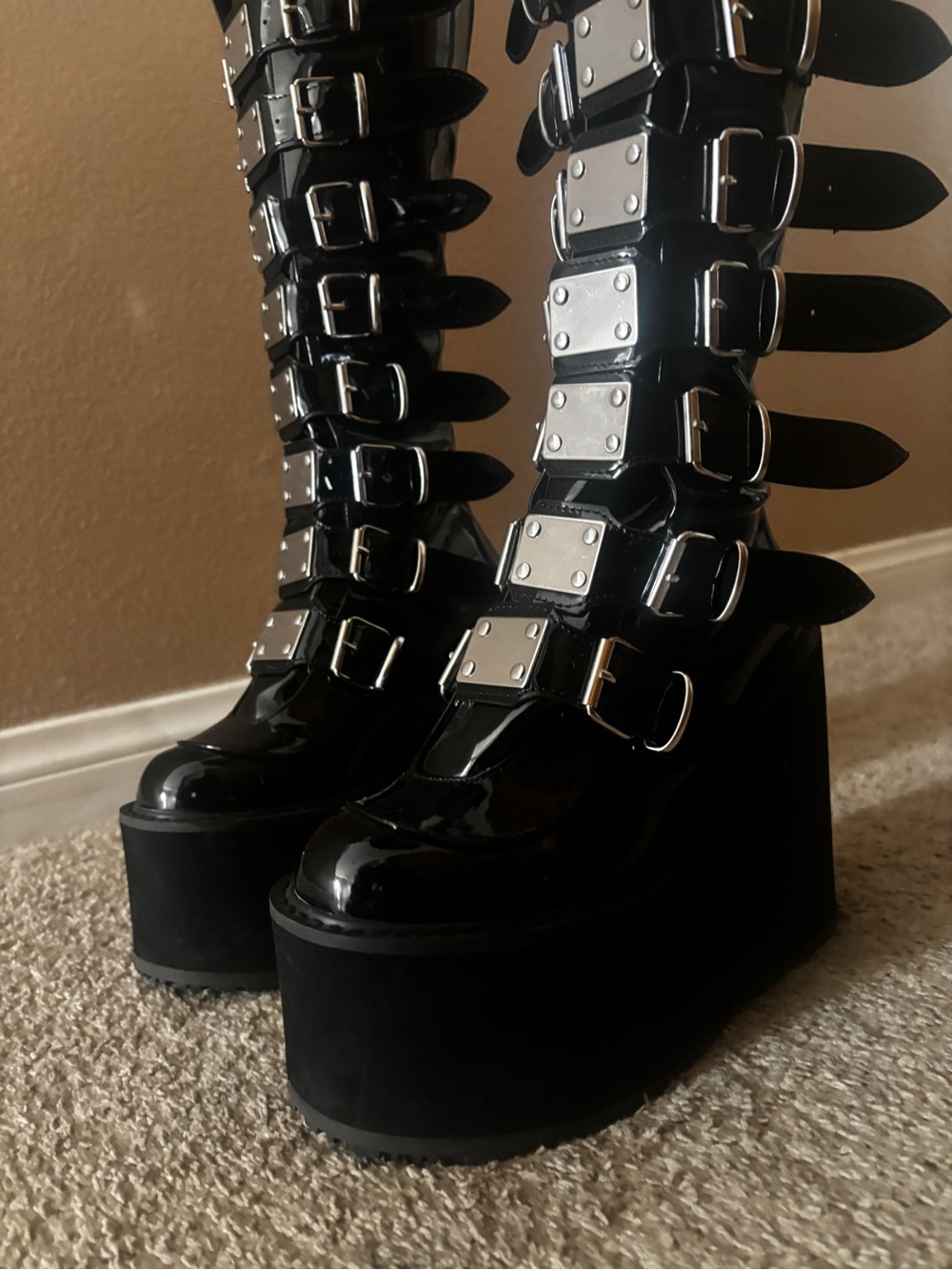 Demonia Black Patent Multi-Buckle Platform Knee Boots